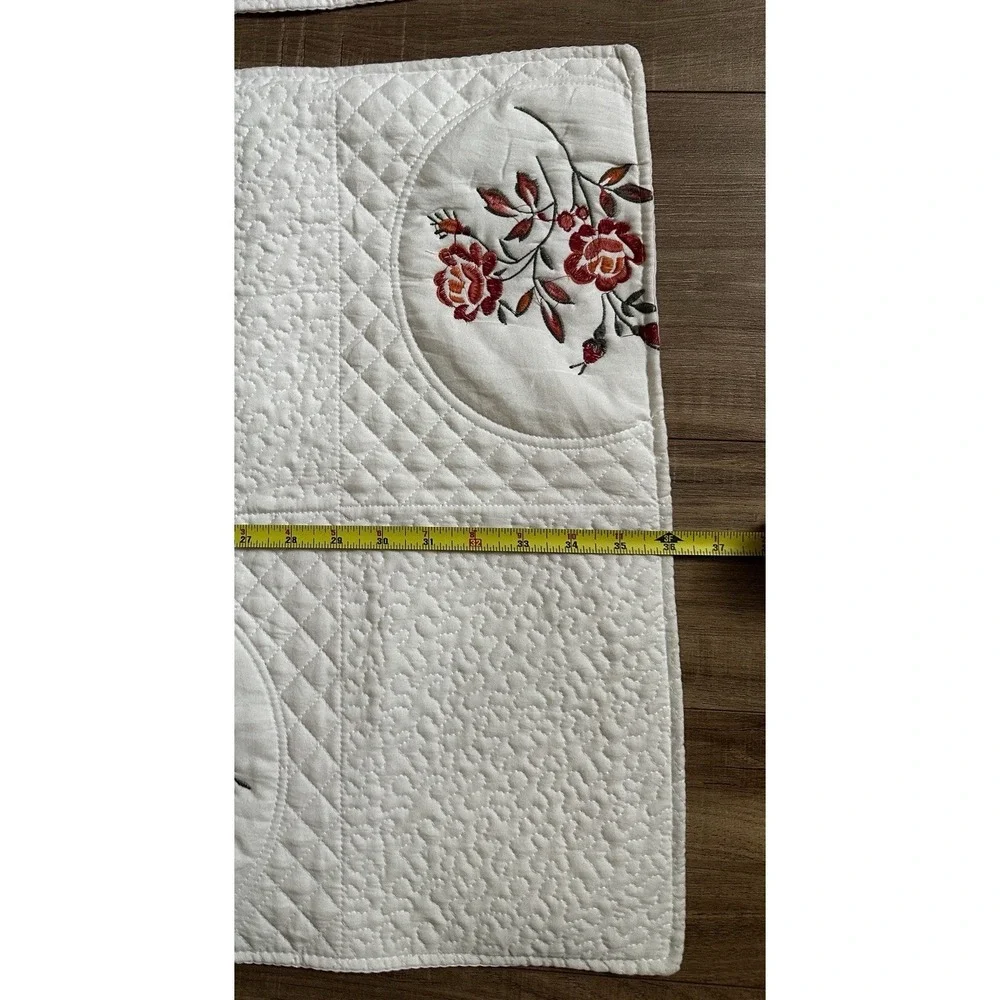 Queen/king quilted coverlet, 86 x 102 white, red floral embroidery Lightweight